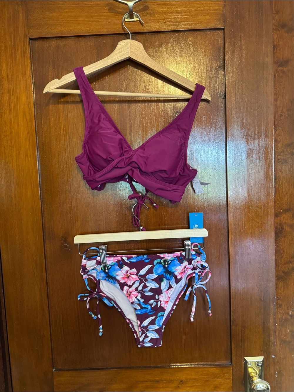 Cupshe Plum Twist Bikini Top with Floral Side-Tie Bottoms